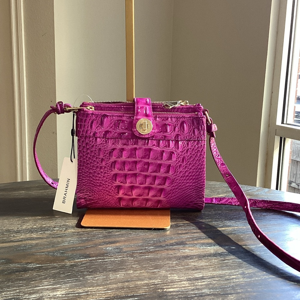 Brahmin Mina Deep Fuchsia Melbourne Leather Crossbody Bag
